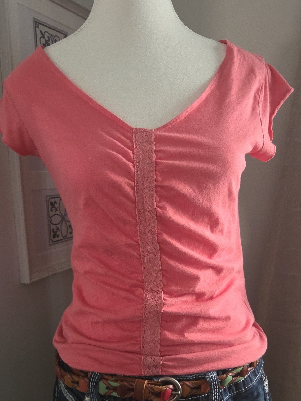 Jacob Vintage Y2K Pink Lace-Trim V-Neck Ruched Top - Coquette Girl